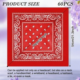 Thsofam 60 Pieces Red Color Cowboy Bandanas Bulk Paisley Bandana Novelty Headband Square Scarf Cowboy Bandanas Head Wrap Scarf Wristband for Race Parade Party Costume (60, Red)