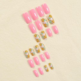 Peach Pink Press on Nails Short Square Fake Nails with Design Yellow Flower Glue on Nails Leaf Stick on Nails Glossy Spring Nails Reusable Summer False Nails for Women Girls Manicure 24pcs