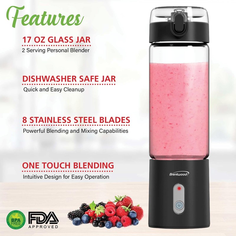 Brentwood 50-Watt 17-Oz. Portable Battery-Operated USB-Chargeable Glass Blender (Black)