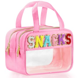 TESAFNG Chenille Letter Travel Makeup Bag, Preppy Patch Nylon Clear Cosmetic Tote with Handle and Zipper, Waterproof Large Snack & Stuff Bag Toiletry Storage Pouch for Women Girls (Pink-Snacks)
