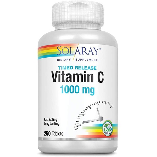 Solaray Vitamin C w/Rose Hips & Acerola | 1000mg | Two-Stage Timed-Release Healthy Immune Function, Skin, Hair & Nails Support | Non-GMO | 250ct