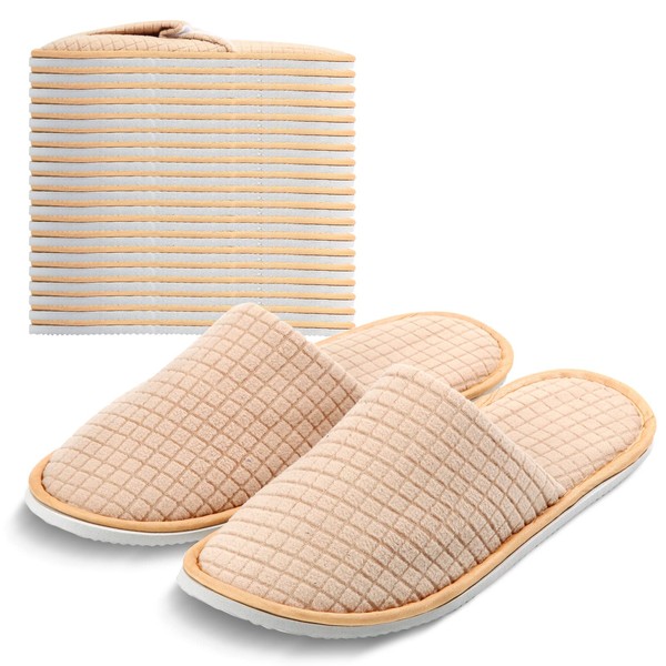 Anmerl Spa Slippers for Men and Women - Premium Bulk Hotel Slippers - Breathable Soft Cotton House Guest Slippers - Non Slip, Washable, Reusable - 10 Pairs (Beige, US 6-10)