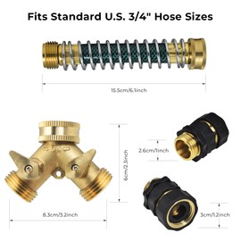 VANCOCO Garden Hose Y Splitter 2 Way 3/4" Heavy Duty Brass, with 2Pcs Garden Hose Quick Connect Fittings, 2Pcs Garden Hose Extension Coiled Spring Protectors and 6 Rubber Washers