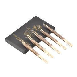 Wishbeauty Eyelash Extension Tweezers Set 5 PCS for Volume Lash Extensions Stainless Steel Eyelash Tweezers for Extensions- (Honey Gold)