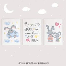 ChicResult Set of 3 Rabbit Picture with Wall Sayings for Children's Room, Decorative Poster Girls or Boys, Children's Pictures, Baby Room Decoration, Wall Saying, (3 x DIN A4 without Picture Frame)