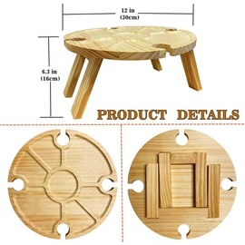 Outdoor Wine Table Portable, Mini Camping Table, Picnic Table, Round Wood Portable, Outdoor Wine Table, Picnic Table, Foldable Small Beach Table for Garden, Travel, Camping, Picnic, Beach (30 x 16 cm)