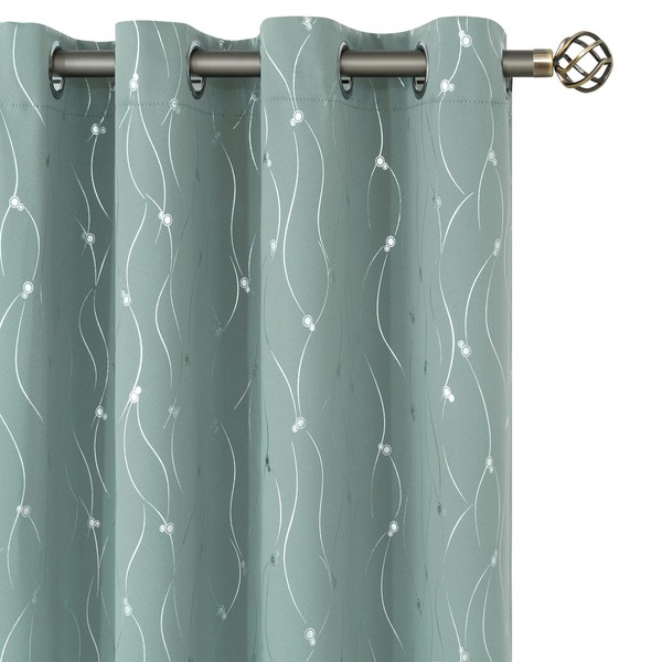 BGment Room Darkening Curtains 84 Inches Long, Grommet Thermal Insulated Blackout Curtains with Wave Line and Dots Printed for Bedroom, 2 Panels, Each 52 x 84 Inch, Frosty Green