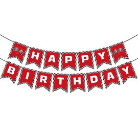 PANRRPERS Red Race Car Party Banners - Happy Birthday Banners Car Theme Checkered Garlands Banners- Racing Car Birthday Decorations Party Supplies