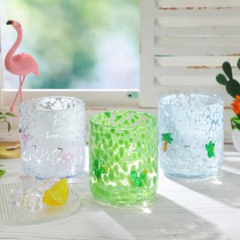 SiliFine 3 Pcs Tropical Icon Juice Glasses, 14oz Flamingo, Palm Tree and Cactus Icon Stemless Drinking Glasses Set, Ideal for Gift & Summer Beach Party Drinkware
