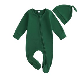 Baby Girls Boys Footed Long Sleeve Zipper Rompers Newborn Infant One-piece Jumpsuit with Hat Sleep and Play Wear (Green, 0-3 Months)