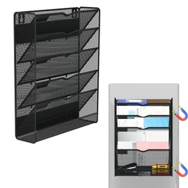 Ounyoizs 6-Tier Magnetic File Holder, Large Capacity File Cabinet Organizer, No-Drill Mount Hanging Magnetic Paper Holder for File Cabinets, Office, Whiteboard, Magnetic Mail Holder, Black