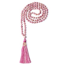 coai 108 Mala Chain Gemstones Hand Tied Tassel OM Charm, Base Metal, Rhodochrosit