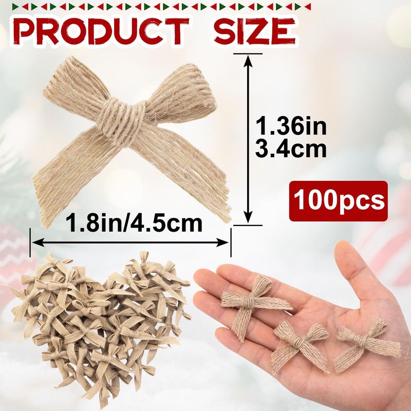 100pcs Christmas Mini Burlap Bows, Linen Handmade Mini Bow for