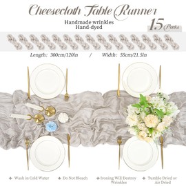 Lykoow 15 Packs Cheesecloth Table Runner Grey,10 Ft Brown Grey Rustic Gauze Boho Wedding Table Runner Decoration,Wedding Table Decor Table Cloth for Wedding Party Bridal Shower Table,21.5x120in