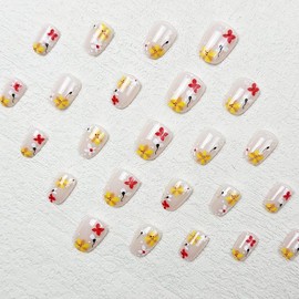 Short Almond Press on Nails Nude Fake Nails Spring Glue on Nails Flower Stick on Nails Simple Acrylic False Nails Glossy Artificial Nails Full Cover Press on Nails Reusable Nails for Women Girls 24Pcs