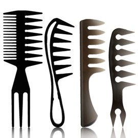 4-in-1 Hair Comb Set - Wide Tooth, Double Side Tail, Afro Pick & Barber Comb - Black, 4 Styles