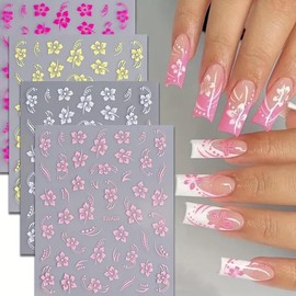 8PCS Hibiscus Flower Nail Art Stickers, Hawaiian Flowers Nail Decals White Pink Yellow 3D Self-Adhesive Flowers Stickers for Nails Summer Floral Manicure Sliders for Women Girls Nail Art Decorations