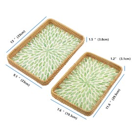 YIYA Wicker Tray with Mother of Pearl Inlay Rectangle Rattan Trays for Decor Rattan Serving Tray for Coffee Bread Fruits Natural Basket Tray for Table Decor