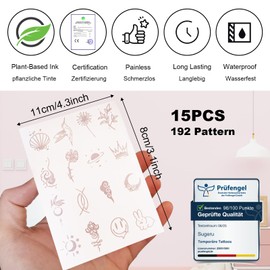 Sugeru 15 Sheets Super Sustainable Temporary Tattoo (192 Patterns) – The Original Waterproof + Vegan + Neue-Tech | Fake Tattoo Stickers | Tattoos for Adults Children - Natural Non-Toxic Ingredients