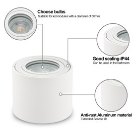 KYOTECH LED Surface-Mounted Spotlight, IP44, Black, Surface-Mounted Ceiling Light, Diameter 80 x 65 mm, for LED Modules, 230 V, Surface-Mounted Light, Downlight, Round Water Protection for Bathroom