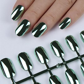 Nudurom Press on Nails,Metallic Mirror Gold Black Green False Nails Punk Metal Chrome Finish Short Reusable Fake Nails in 5 Color 10 Sizes - 120 pcs Nail Kit with Jelly Glue Pad
