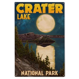 Lantern Press 10x15 Inch Wood Sign, Ready to Hang Wall Decor, Crater Lake National Park, Oregon, Lake and Full Moon
