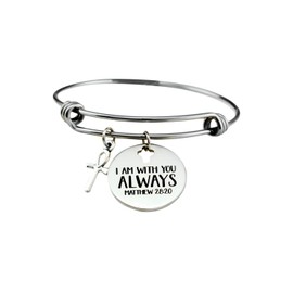 I Am With You Always - Stainless Steel Expandable Bangle Bracelet, Cross Charm, Scripture Bible Verse MATTHEW 28:20, Religious Christian Gift for Women, Sisters Friends, Anniversary Birthday