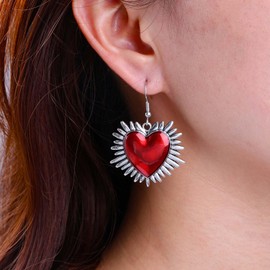 Inateannal Gothic Heart Earrings Red Enamel Heart Dangle Earrings Red Love Heart Earrings Silver Heart Hook Earrings Vintage Large Heart Drop Earrings, Zinc, No Gemstone