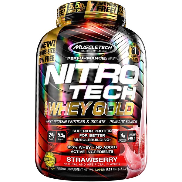 MuscleTech Nitro-Tech Whey Gold Protein Powder, Whey Isolate and Peptides, 24 Grams Protein, 5.5 Grams BCAAs, Easy to Mix, Tastes Great, Gluten-Free, Strawberry, 5.5 Pounds (77 Servings)