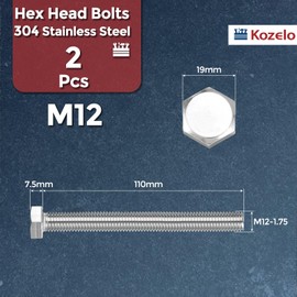 Kozelo 2 Pcs Hex Head Screws Bolts - [M12-1.75x110] 304 Stainless Steel Grade A2-70 Fully Threaded Hex Tap Metric Hexagon Head Machine Bolts Right Hand External Hex Drive, Silver