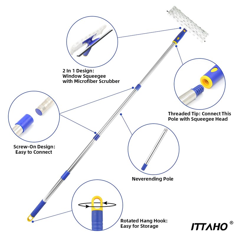 ITTAHO 53" Window Squeegee Cleaner, 2 in 1 Window Cleaning