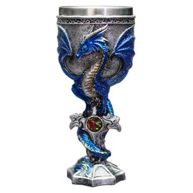 JIUMOZHI Medieval Dragon Cross Sword Goblet Stainless Steel Inlaid Resin Hand-painted Creative Party Wine Glass Holiday Birthday Gift (Blue)