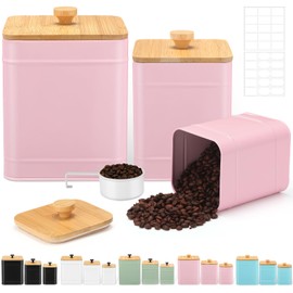 Tioncy Kitchen Canisters for Countertop Set of 3 Metal Canisters Sets with Bamboo Lids Spoon Airtight High Capacity Coffee Tea Sugar Flour Jars with DIY Labels Farmhouse Food Storage(Pink,L,M,S)