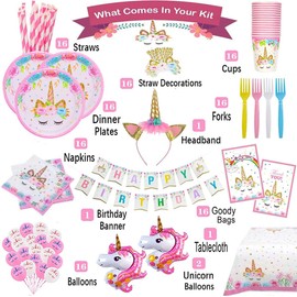 Unicorn Themed Birthday Party Plates Supplies Serve 16 Guest