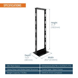 Tecmojo 38U 2-Post Open Frame Server Rack– 19" Network, Server, AV, Data & IT Equipment, Telecom & Patch Panel Mount, 1763 lbs Capacity, Black, Square Holes