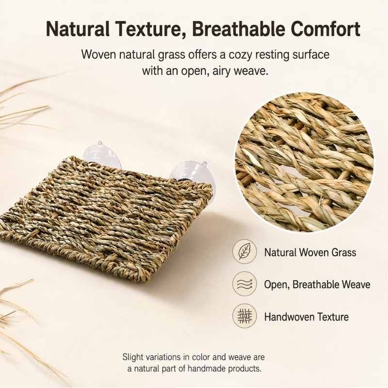 MHLLGN Reptile Hammock with 2 Suction Cups, Handwoven Natural Grass