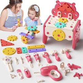 burgkidz Kids Tool Set, 66PCS Toddler Tool Set with Electronic Drill, Screw Toys, Pink