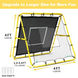 BAGAIL Soccer Rebounder Net, 4 x 4 Ft Pitch Back Baseball Softball Rebounder, Angle Adjustable Rebound Net for Control, Passing Practice, Easy Setup Bounce Back Net Gifts for Training - Yellow