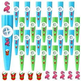 Lukmaa 24 Pcs Summer Christmas Kazoos Luau Party Favors Blue Green Kazoo Bulk with Flamingo Claus Stickers Plastic Musical Instruments Toys for Summer Christmas Pool Party Supplies
