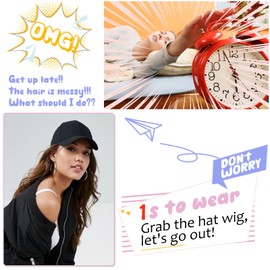 Cephermer Baseball Hat Wig,Hat with Hair attached 24'' Adjustable Black Cap with Long Wavy Synthetic Hair Extensions for Women Girls(Wine Red)