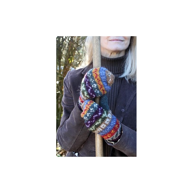 Pachamama Women Wool Mittens Fleece Lined Handknitted Fairisle Green Multicoloured