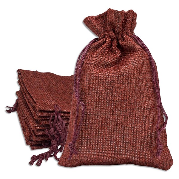 12-Pack 8x10 Natural Burlap Gift Bags w. Drawstring (Maroon Red,