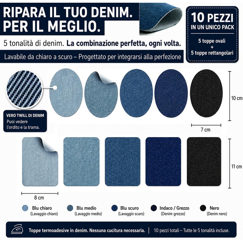 Toppe Jeans Termoadesive, 10 Pezzi, Toni Blu e Nero, Denim