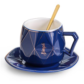 DELARLOCHEF Blue 9.46 Oz Ceramic Cup and Saucer Sets with Gold - Trimmed Spoon, Tailored for Enthusiasts of Tea and Coffee, Perfect for Special Occasions like Weddings, Anniversaries and More