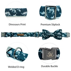 Elegant little tail Dog Collar, Dinosaurs Print Pet Collars with Bow Soft Cutton Boy Puppy Gift Adjustable Blue Bowtie Dog Collar for Medium Dogs