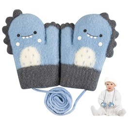 BelonLink Unisex Baby Mittens, 0-3Y Children's Winter Hanging Neck Gloves for Toddlers, Boys, Warm, Soft, for Babies, Cute Dinosaur Pattern, Warm Cotton Gloves, Gift, blue