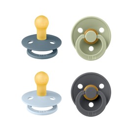 BIBS Colour Soother 4-Pack, BPA Free Dummy Pacifier, Round Nipple. Natural Rubber Latex, Made in Denmark, Size 1 (0-6 Months), Baby Blue Mix