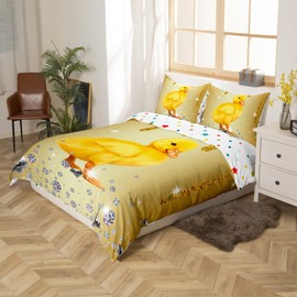 Duck Duvet Cover Set Yellow Sequin Fluid Art 135 x 200 cm Bedding Sets, Crystal Diamond Comforter Cover Farm Animals Bed Set, Country Farmhouse Rustic Home Decor