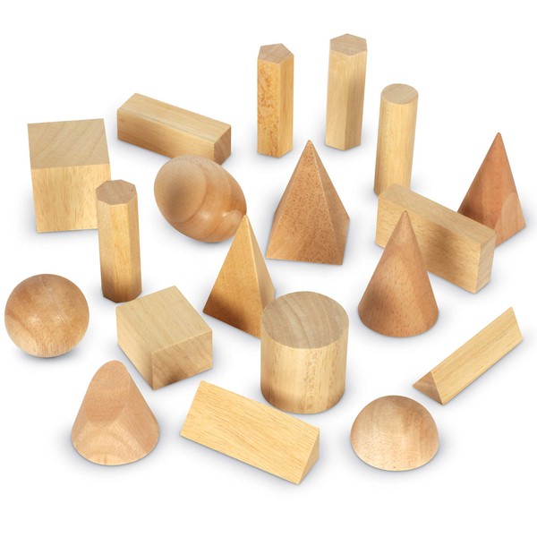 Learning Resources Wood Geometric Solids, Kids Wooden Shapes, Montessori Toys, Set of 19, Ages 9+