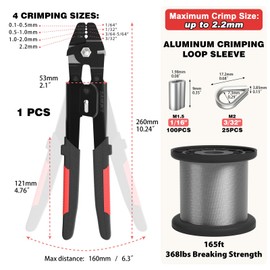 Sanuke Wire Rope Crimp Kit with 165ft 1/16 304 Stainless Steel Cable 7x7 Strand Core, 100PCS 1/16'' Aluminum Crimp Loop Sleeves and 25PCS M2 Wire Rope Stainless Steel Thimble